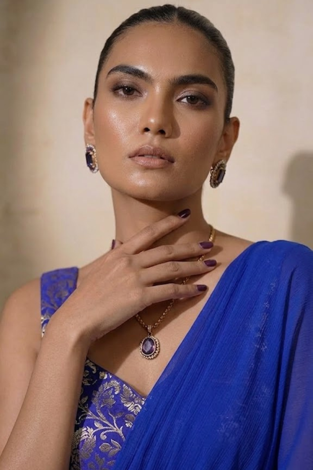 Dhiyona ST With Stitched Blouse - Blue Brocade Blouse with Royal Blue Chiffon Saree (Blouse has sleeve attached)