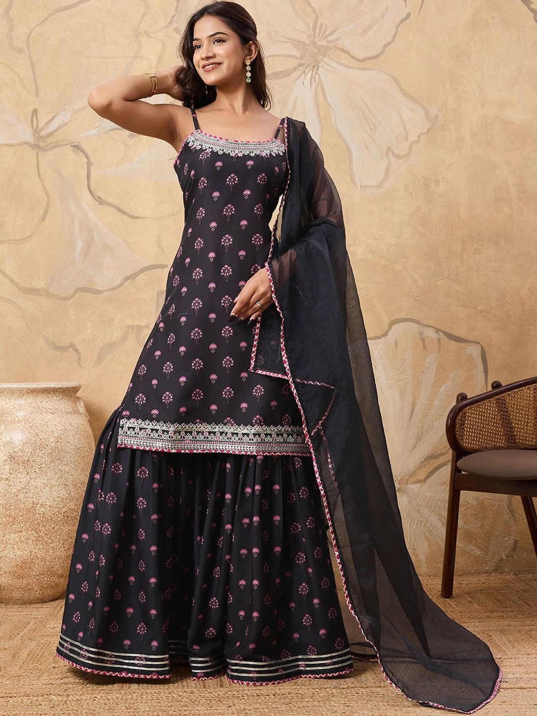 Dhiyona HOP Printed With Embroidered Sleeveless Kurta With Sharara & Dupatta