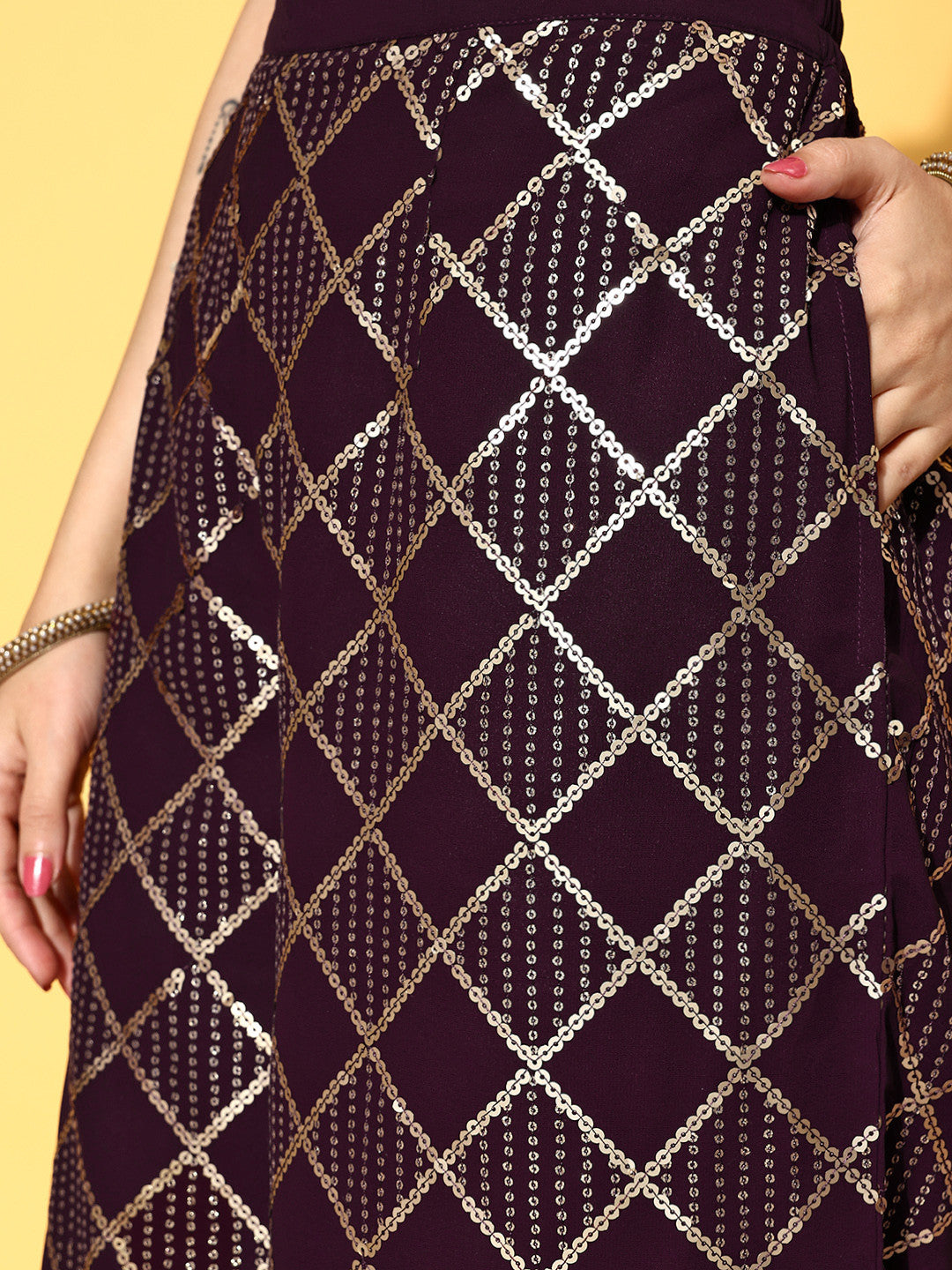 Women Purple Poly Georgette Ethereal Embroidery Kurta Set With Potli