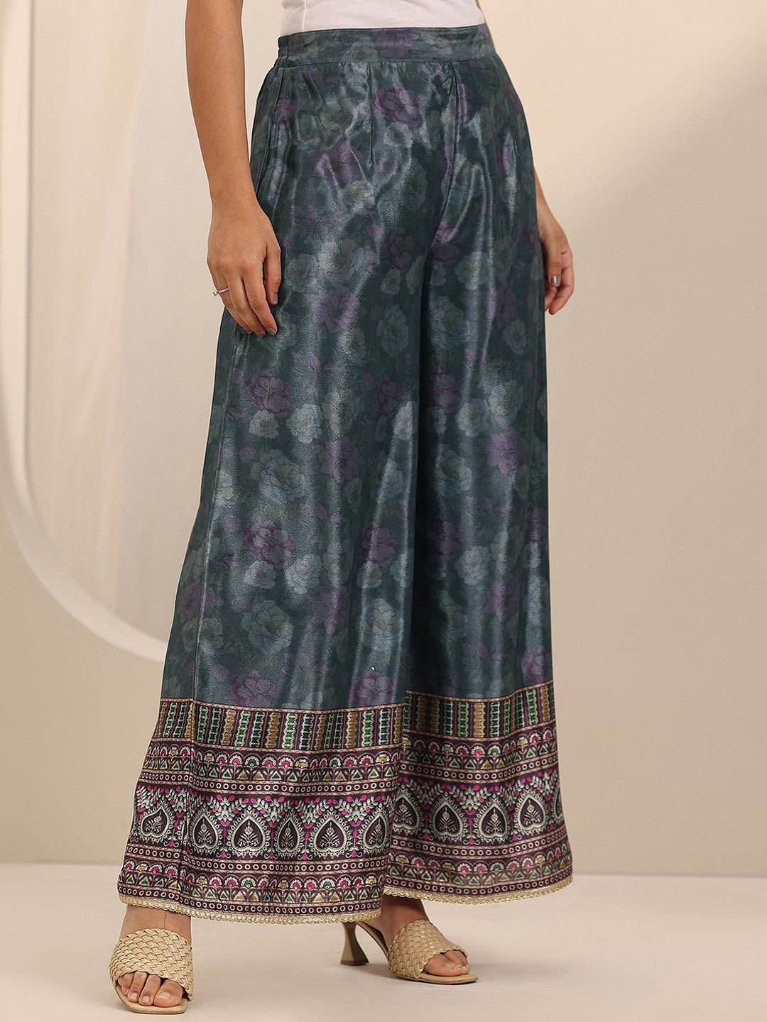 Floral Printed Round Neck Thread Work Straight Kurta With Palazzos & Dupatta