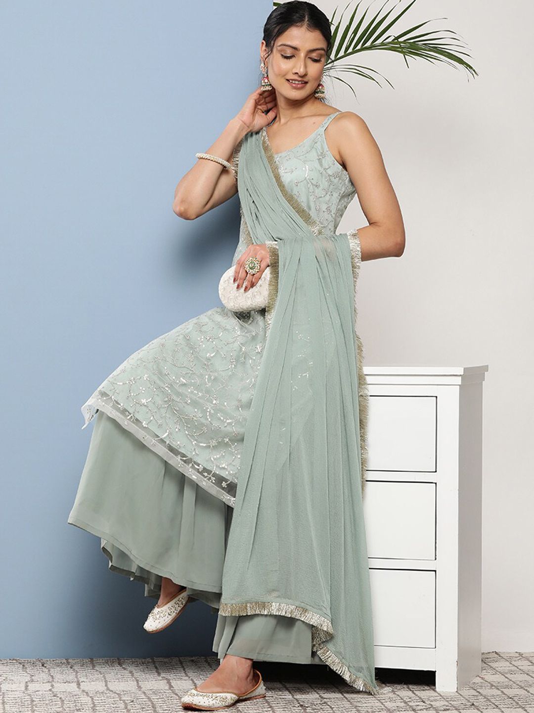 Dhiyona KL Floral Embroidered Regular Sequinned Shoulder Straps Kurta with Sharara & Dupatta