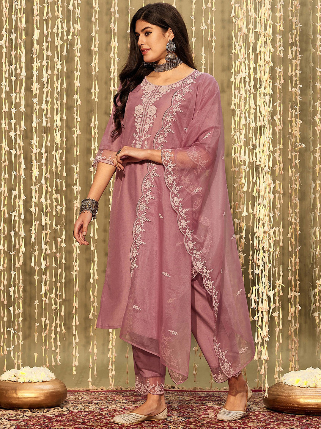 Yoke Design Regular Thread Work Kurta with Trousers & With Dupatta