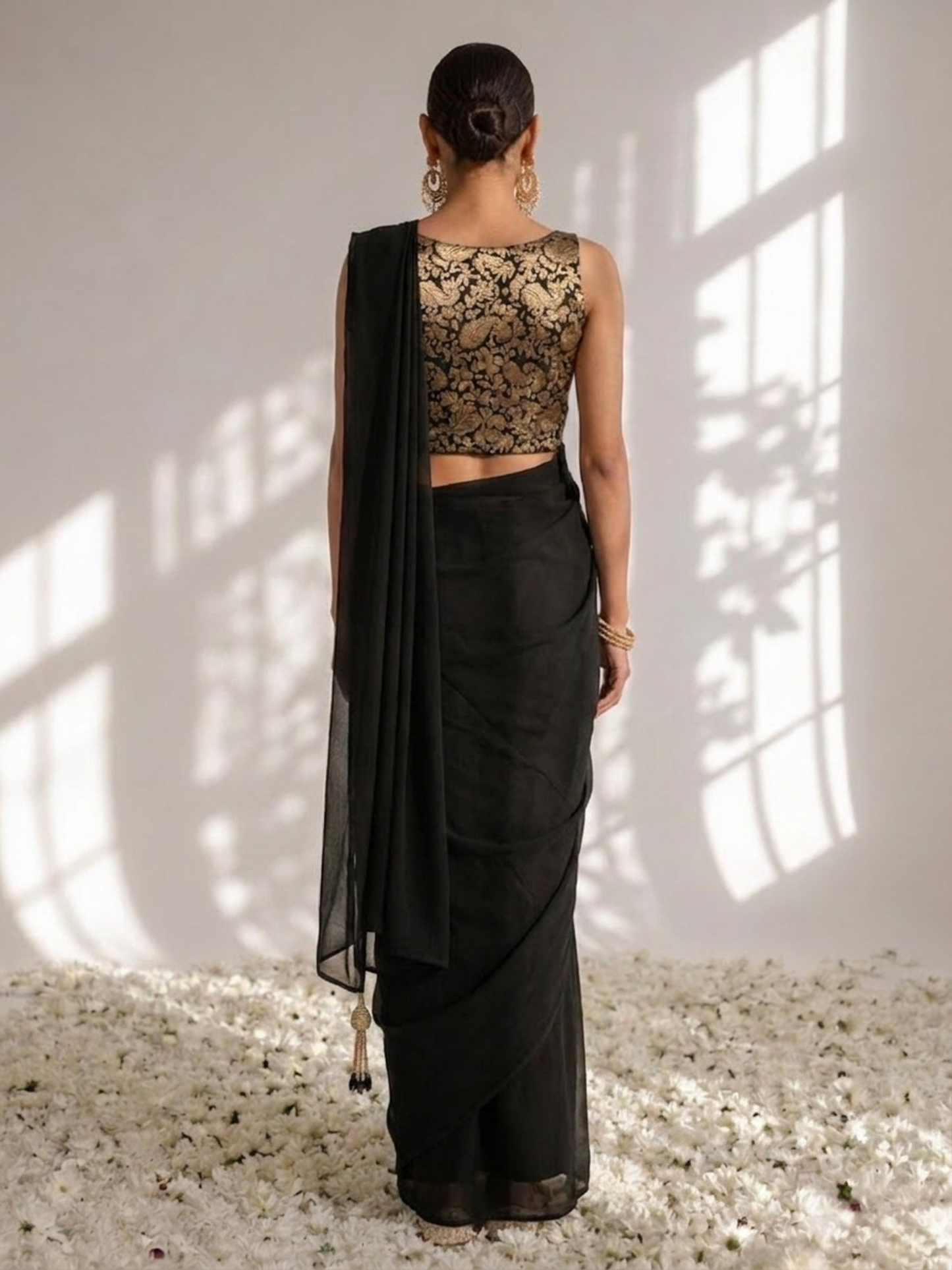 Dhiyona ST With Stitched Blouse - Black Brocade Blouse with Black Chiffon Saree (Blouse has sleeve attached)
