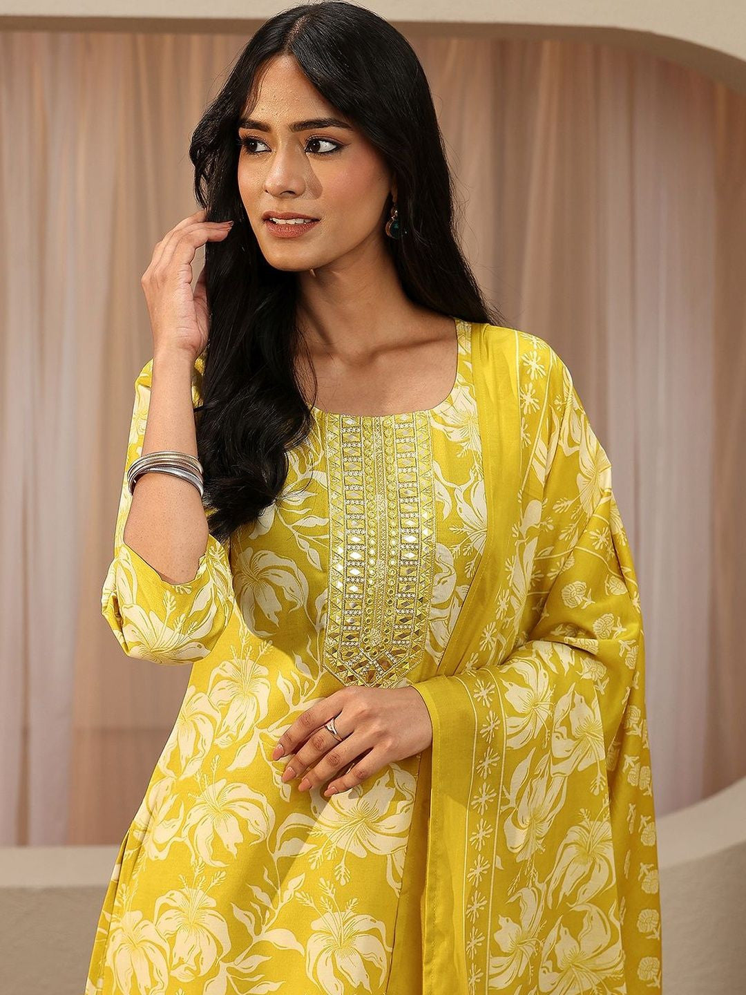 Lime Yellow Floral Printed Cotton Straight Suit Set