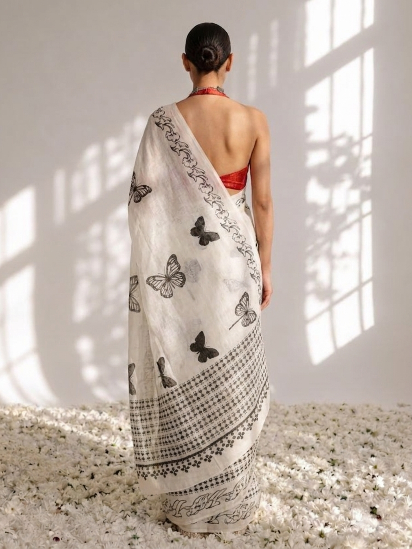 Dhiyona ST Butterfly White and Black Hand Block Cotton Saree with Red Printed Blouse