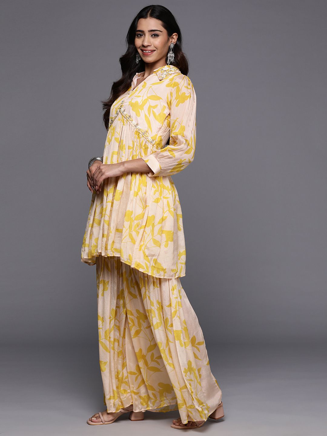Dhiyona VA Floral Embroidered Empire Beads & Stones Pure Silk Kurti with Sharara & Dupatta