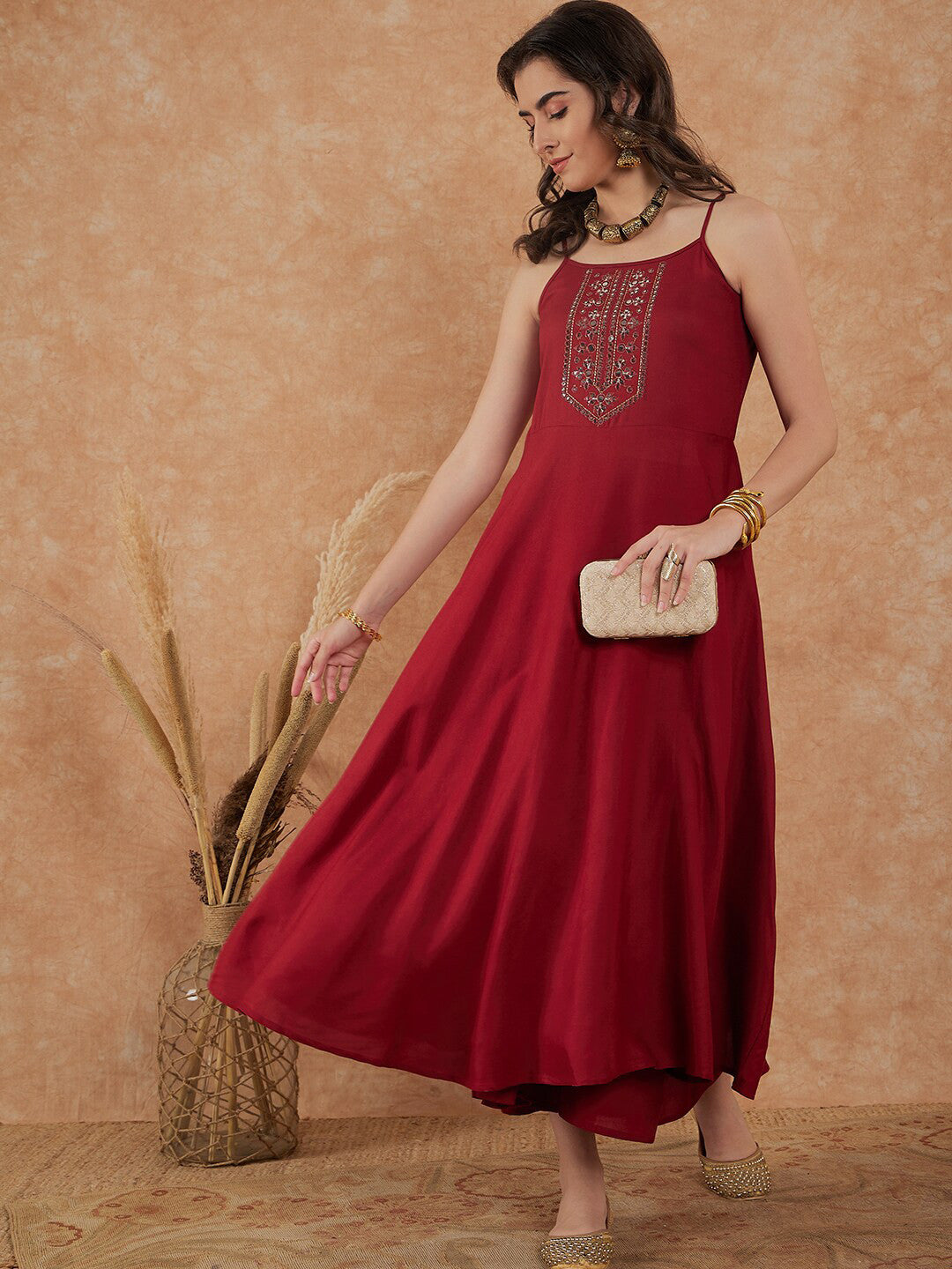 Maroon Geometric Yoke Design Shoulder Straps Mirror Work A-Line Kurta With Palazzo