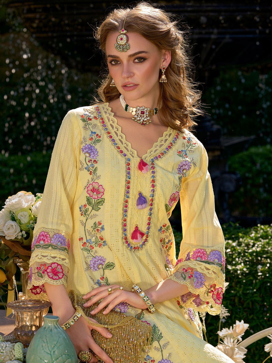 Women Floral Embroidered Cotton Kurta with Trousers & Dupatta
