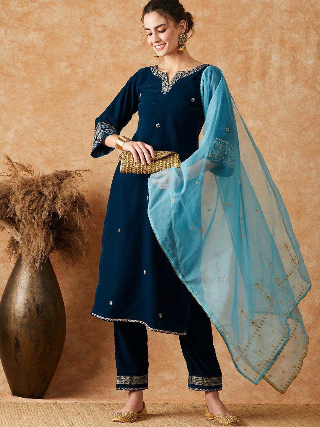 Embroidered Sequinned Velvet Kurta With Trousers & Dupatta