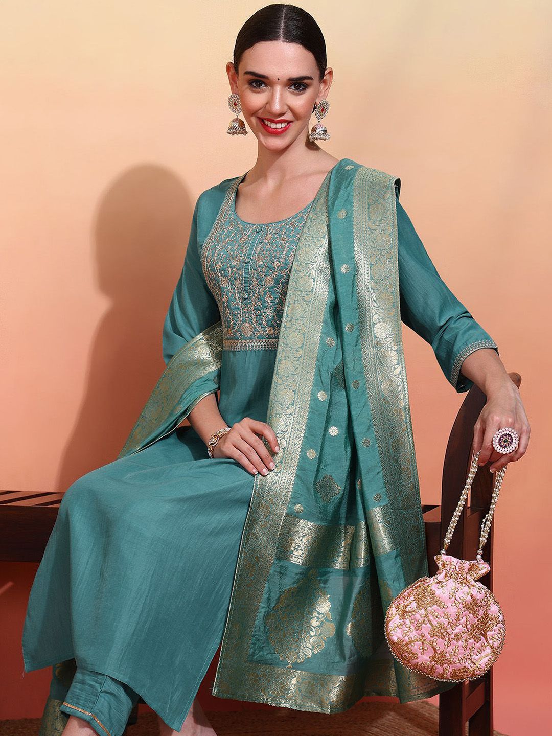 Dhiyona OD Women Embroidered Regular Kurta with Trousers & With Dupatta