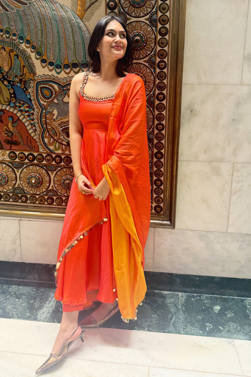 Dhiyona ST 3 pc Suit Set - Orange yellow Dual Shade Satin Anarkali Suit with Glass Beads Neck with Pants and Dupatta