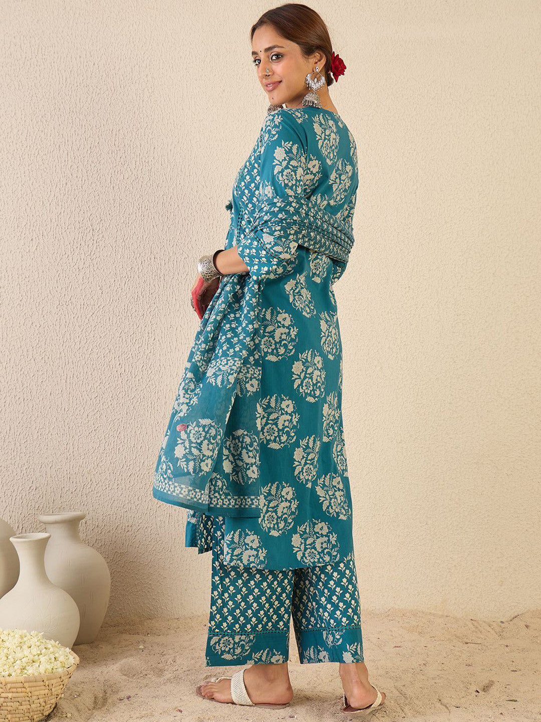 Ethnic Motifs Printed A Line Pleated Pure Cotton Kurta With Trousers & Dupatta
