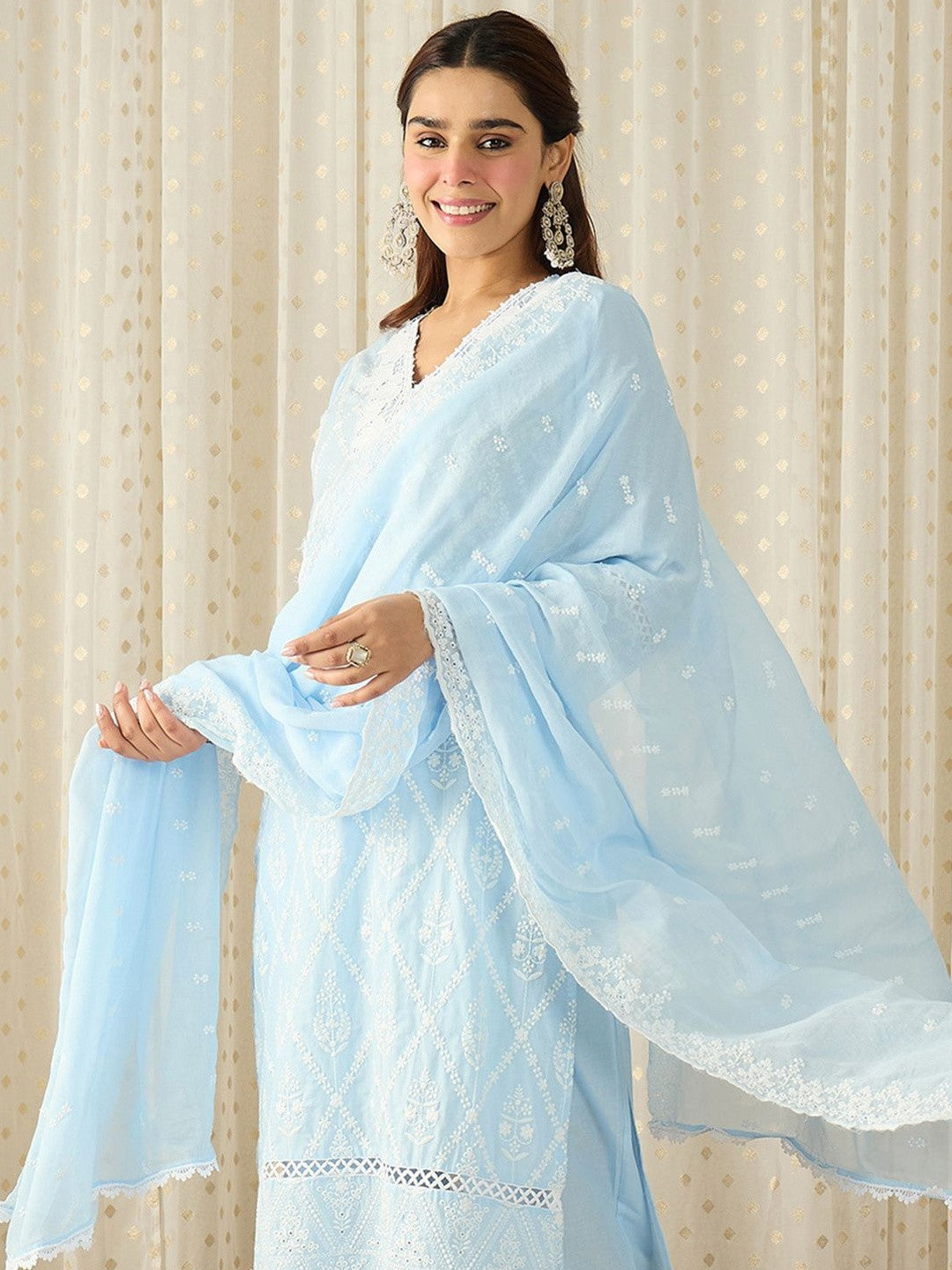 Women Embroidered Regular Thread Work Pure Cotton Kurta With Trousers & Dupatta