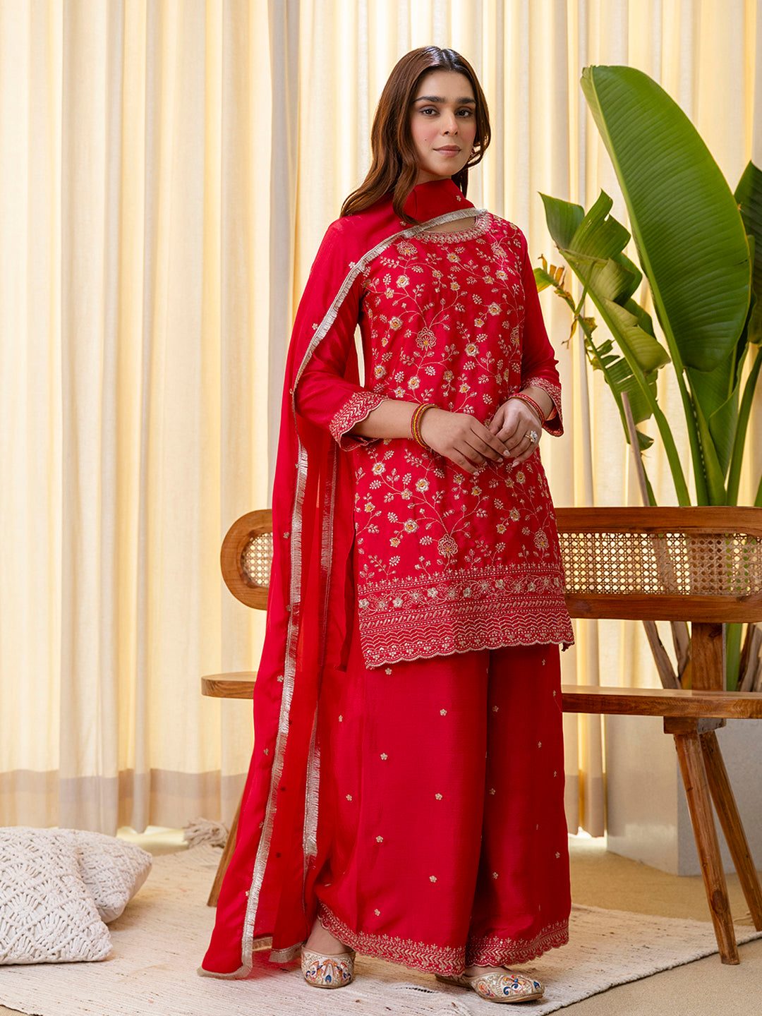 Dhiyona VV Rani Pink Silk Blend Embroidered with Sequins Straight Kurta Palazzo Dupatta Set