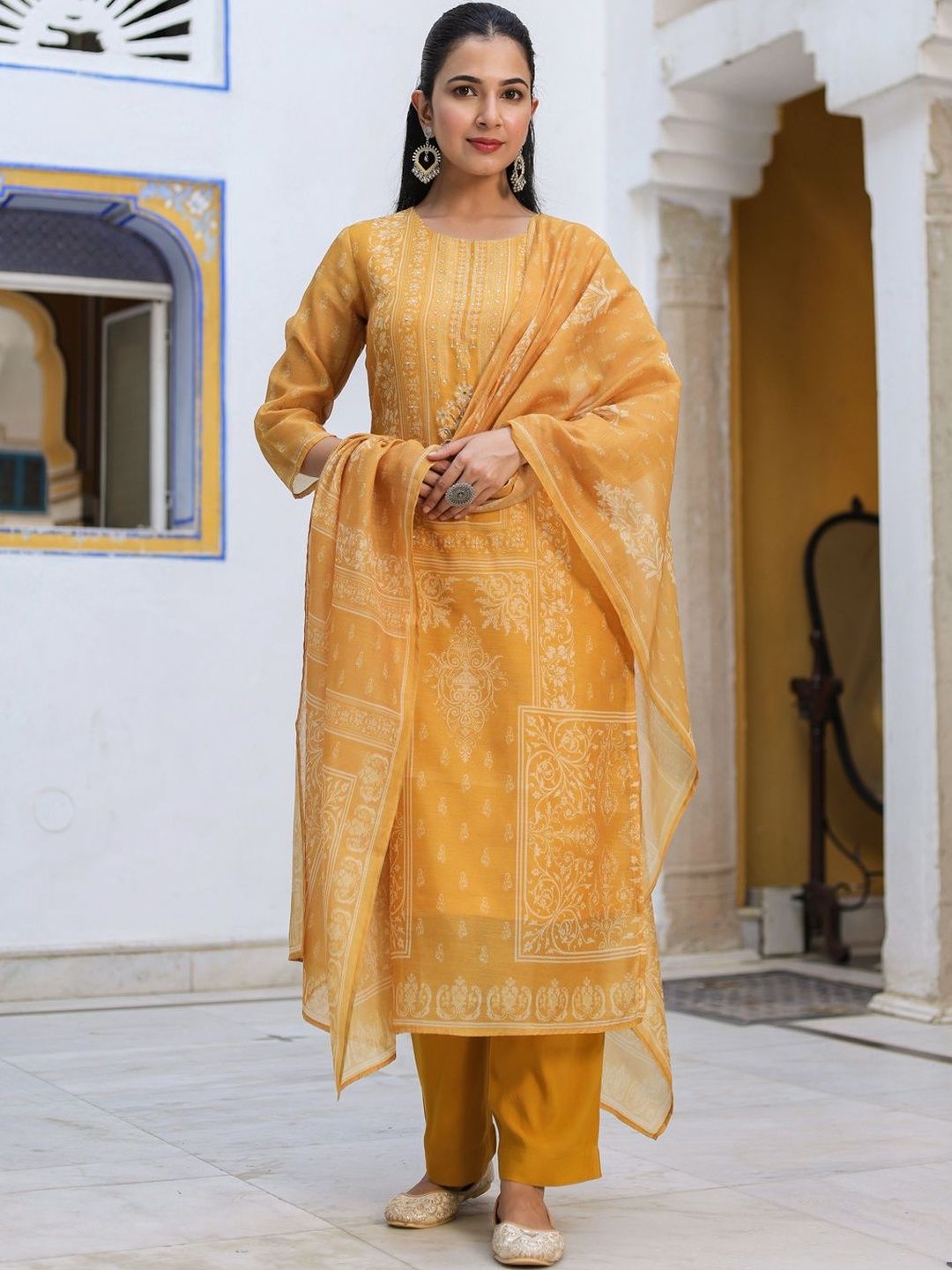 Dhiyona RR Women's Ethnic Motifs Printed Chanderi Cotton Kurta With Trousers & Dupatta