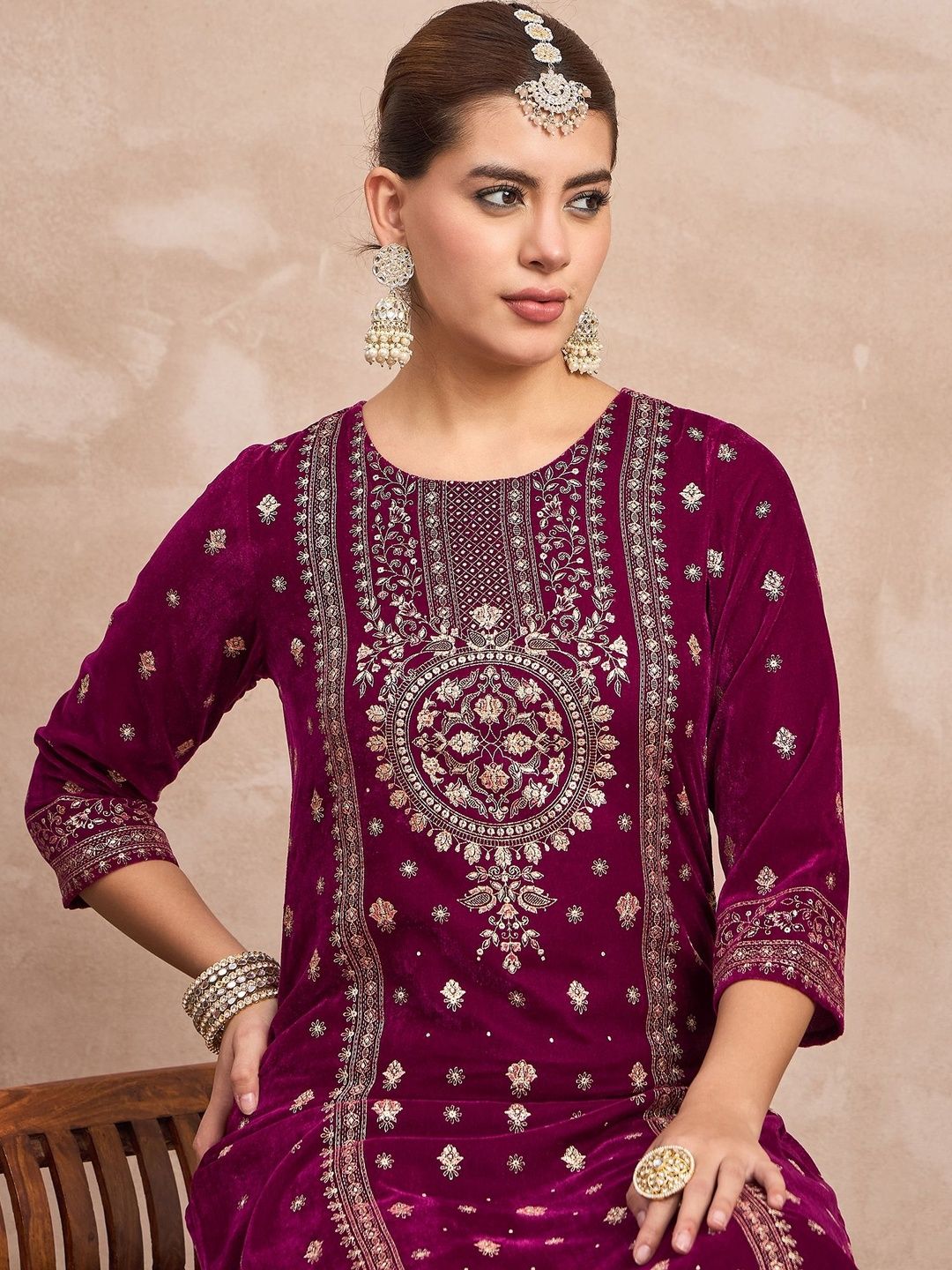 Purple Women Ethnic Motifs Embroidered Regular Thread Work Velvet Kurta with Trousers