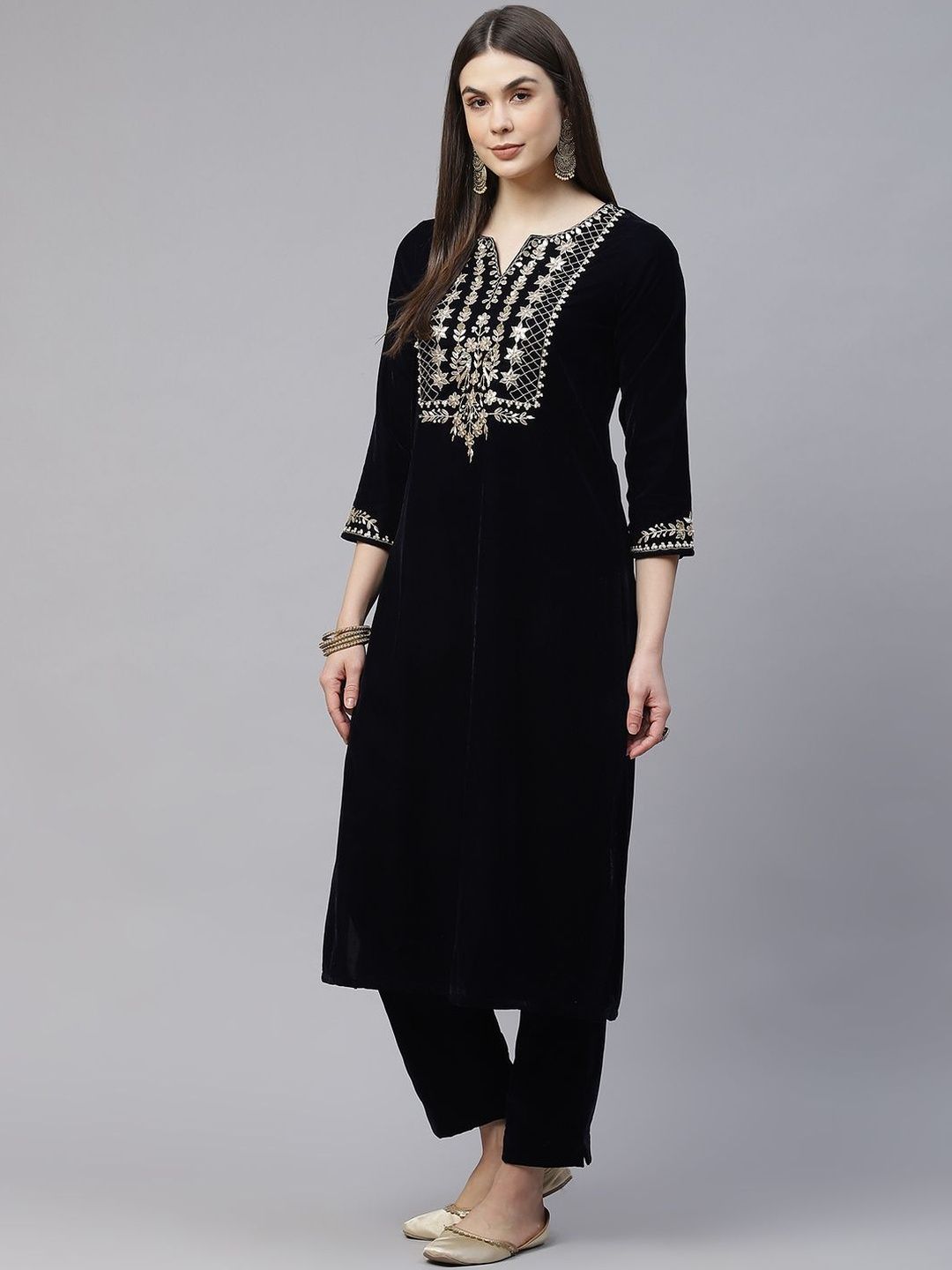 Dhiyona KL Women Ethnic Motifs Embroidered Regular Velvet Kurta with Trousers & Dupatta