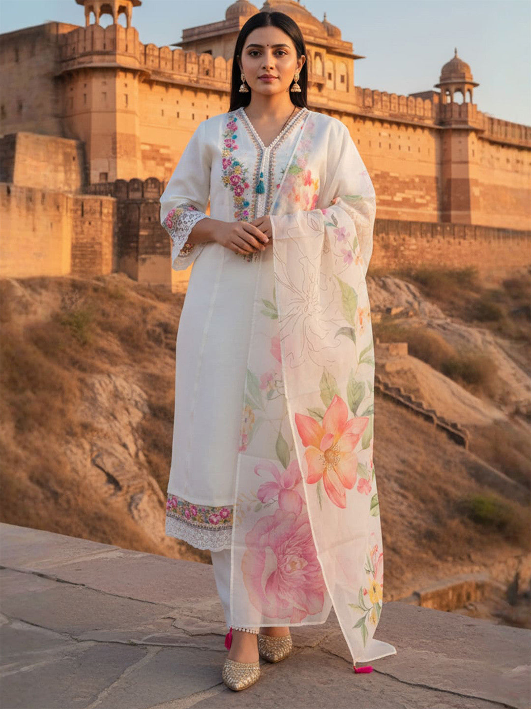 Women Floral Embroidered Regular Thread Work Kurta & Trousers With Dupatta