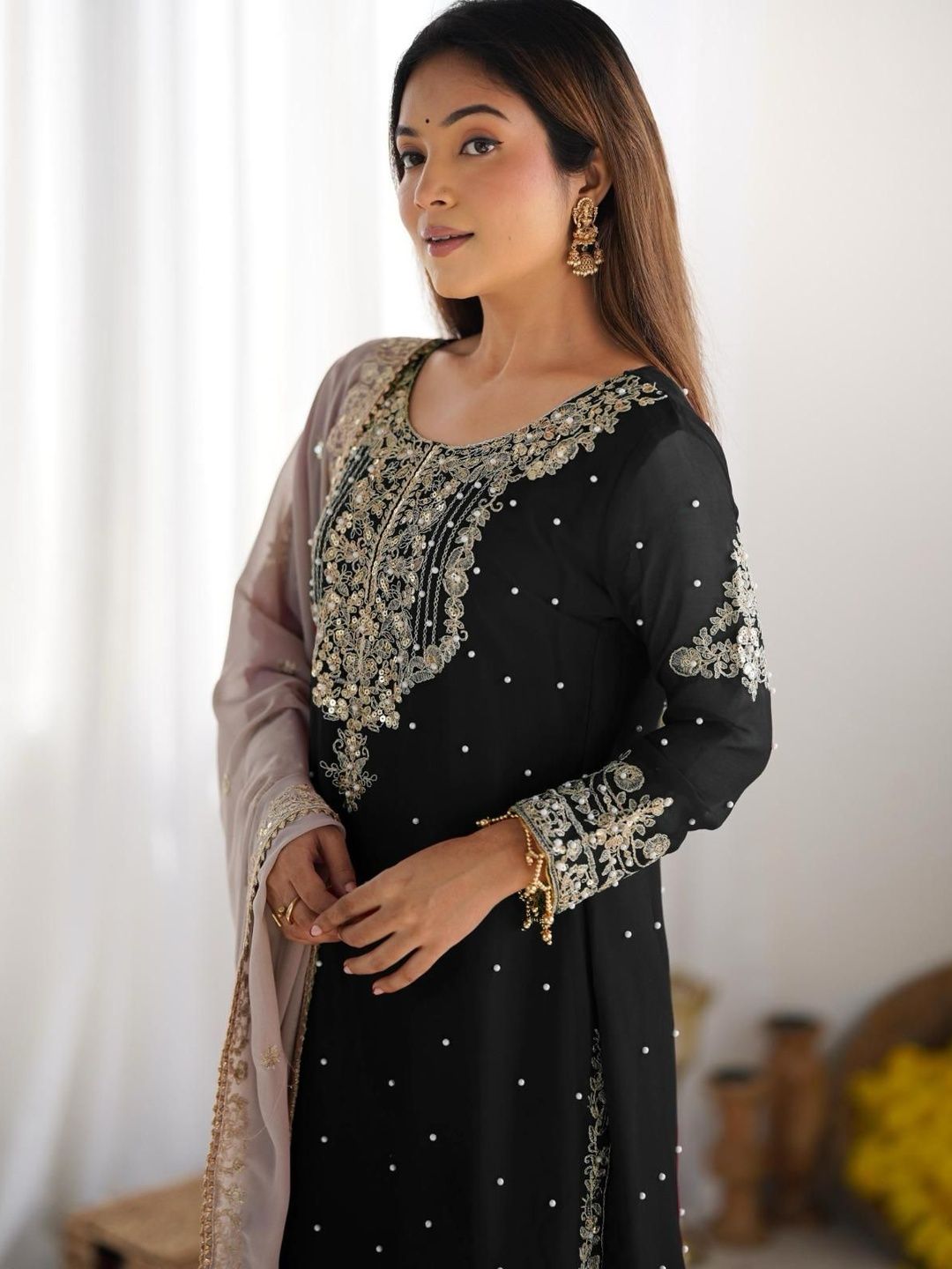 Dhiyona KL Women Ethnic Motifs Embroidered Regular Sequinned Kurta with Sharara & With Dupatta