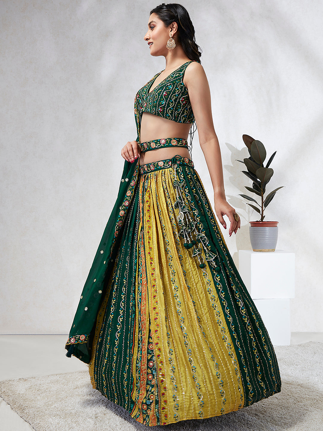 Women Green Chiffon Position print with Sequins embroidery Lehenga choli & Dupatta