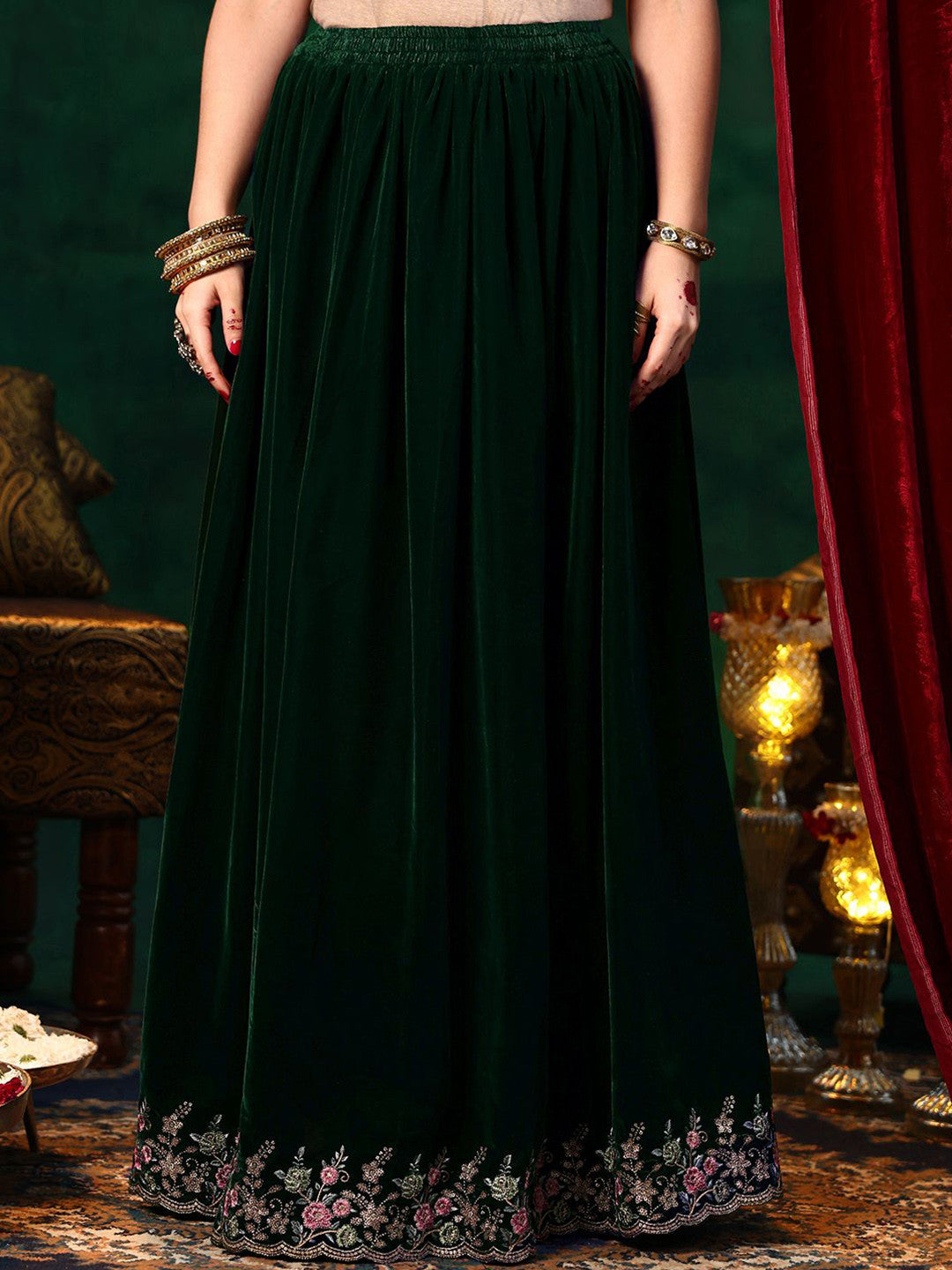 Green Floral Embroidered Panelled Velvet Kurta with Skirt & Dupatta