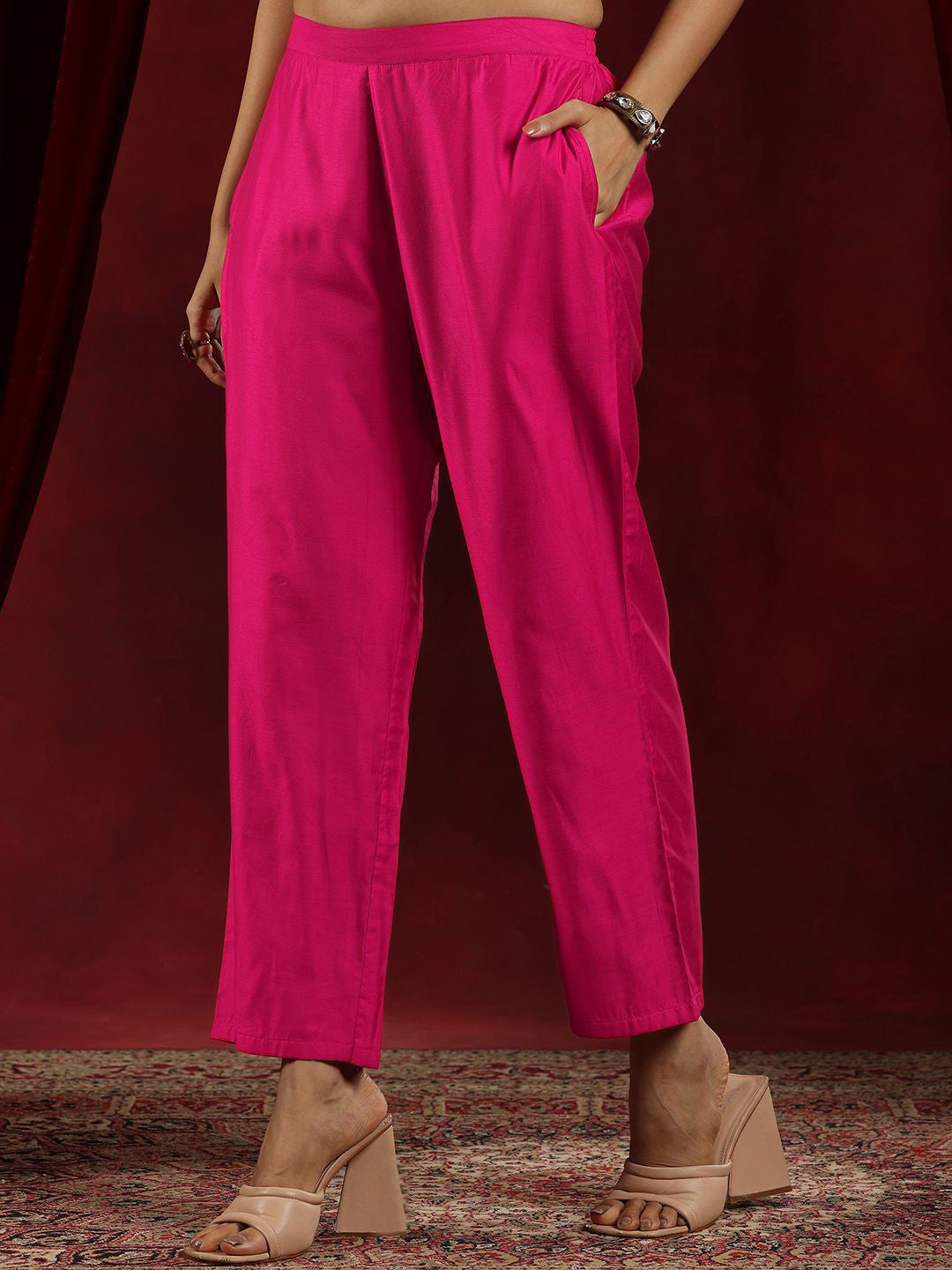 Floral Yoke Design Beads and Stones Chanderi Silk Kurta With Trousers & Dupatta