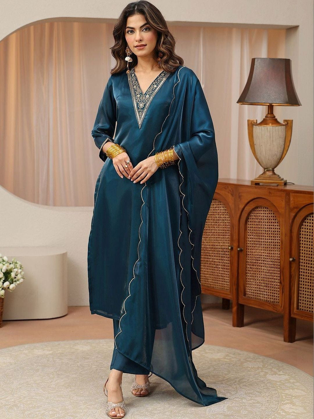 Libas Blue Yoke Design Tissue Straight Suit Set