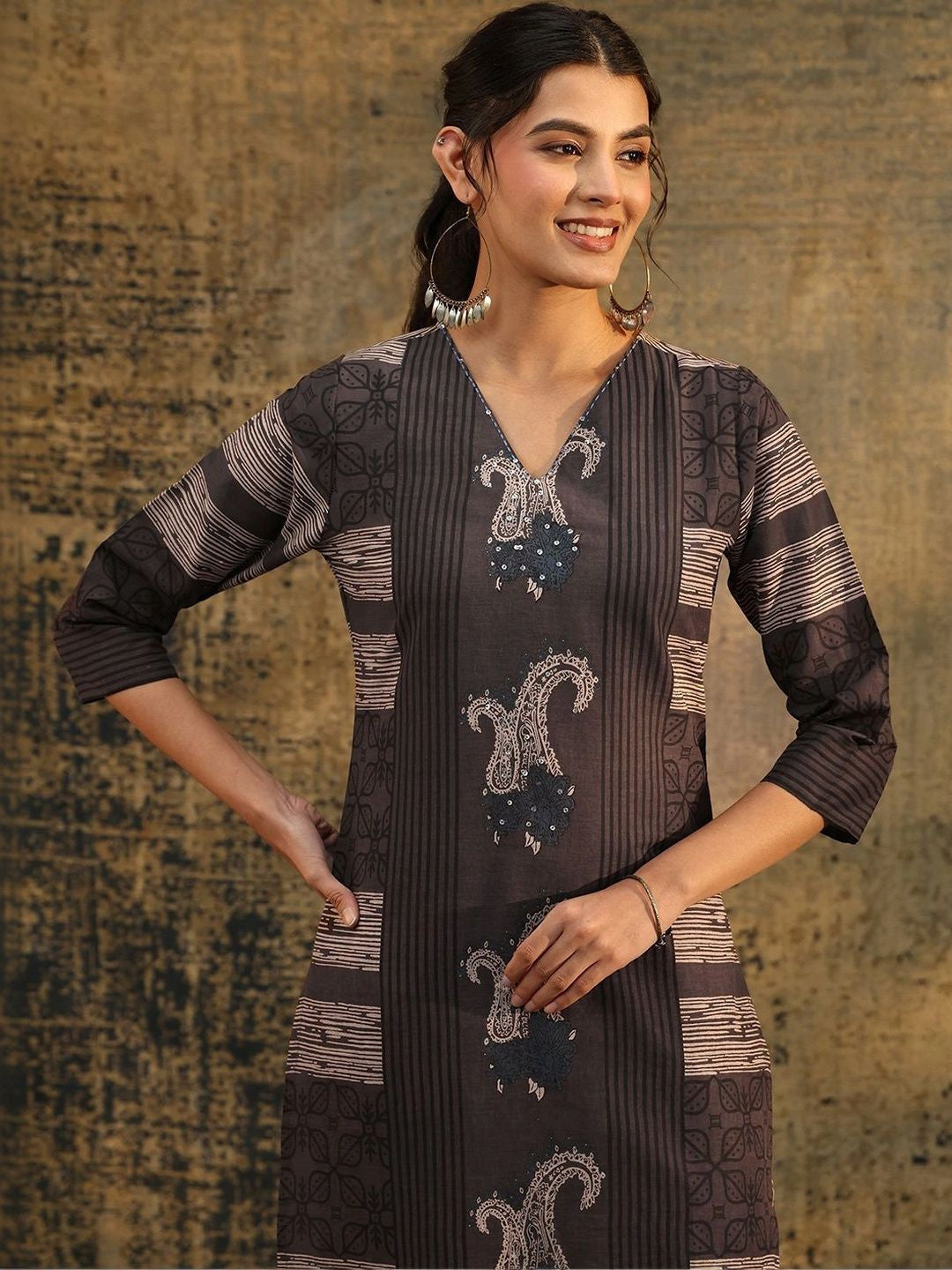 Grey Paisley Printed Cotton Straight Suit Set