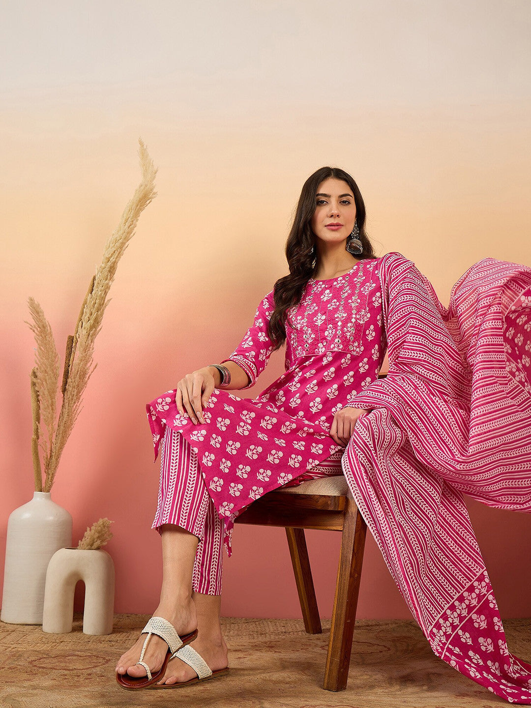 Floral Printed Mirror Work Pure Cotton Kurta with Trousers & Dupatta