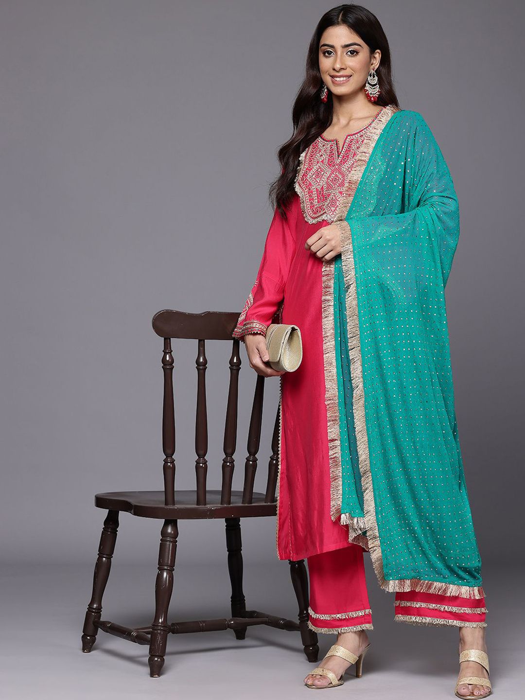 Dhiyona VA Geometric Embroidered Mirror Work Straight Kurta with Palazzo & Dupatta