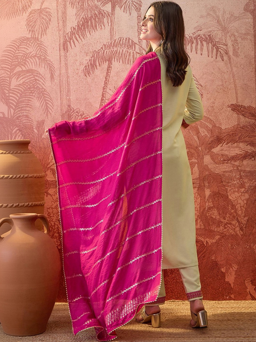 Embroidered V-Neck Kurta Trousers & Dupatta