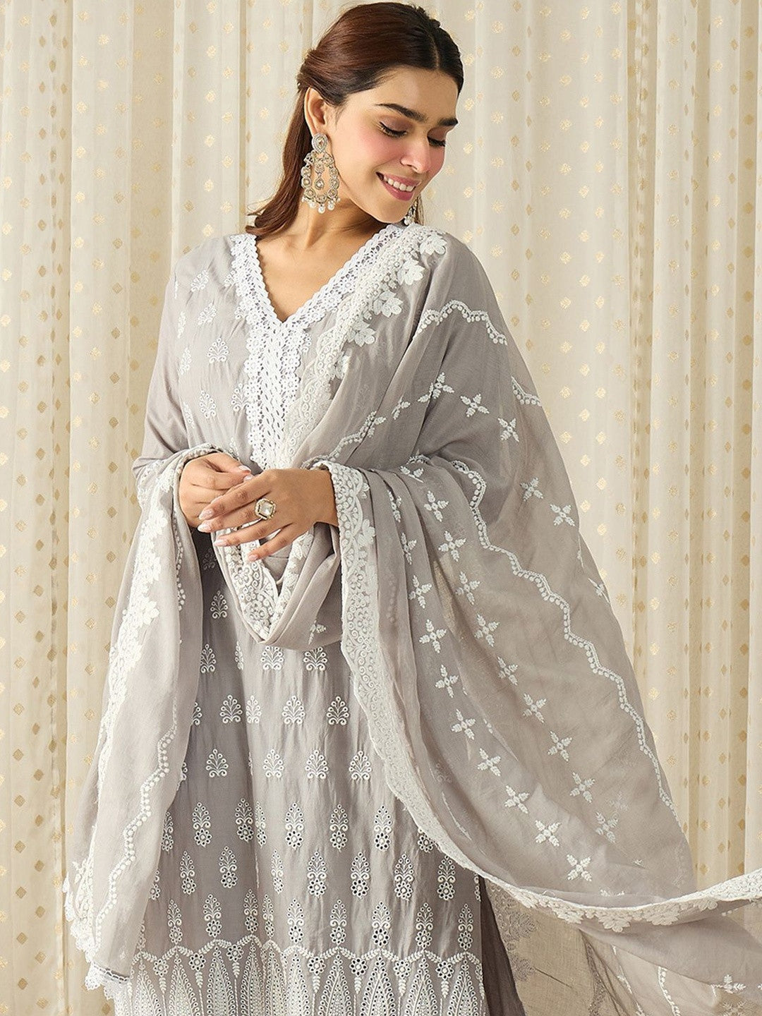 Women Ethnic Motifs Embroidered Regular Chikankari Pure Cotton Kurta with Trousers & With Dupatta