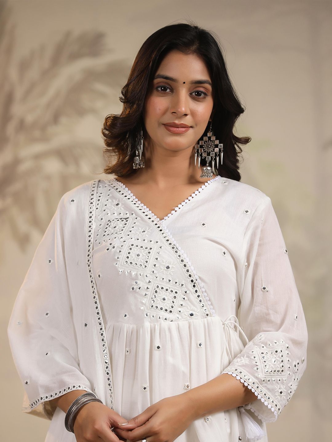 Dhiyona SC Women Mulmul Mirror Embroidered Pure Cotton Peplum Kurta- Sharara & Dupatta Set