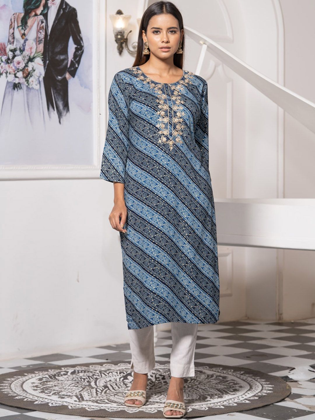 Dhiyona OD Round Neck Printed Mirror Work Floral Kurta