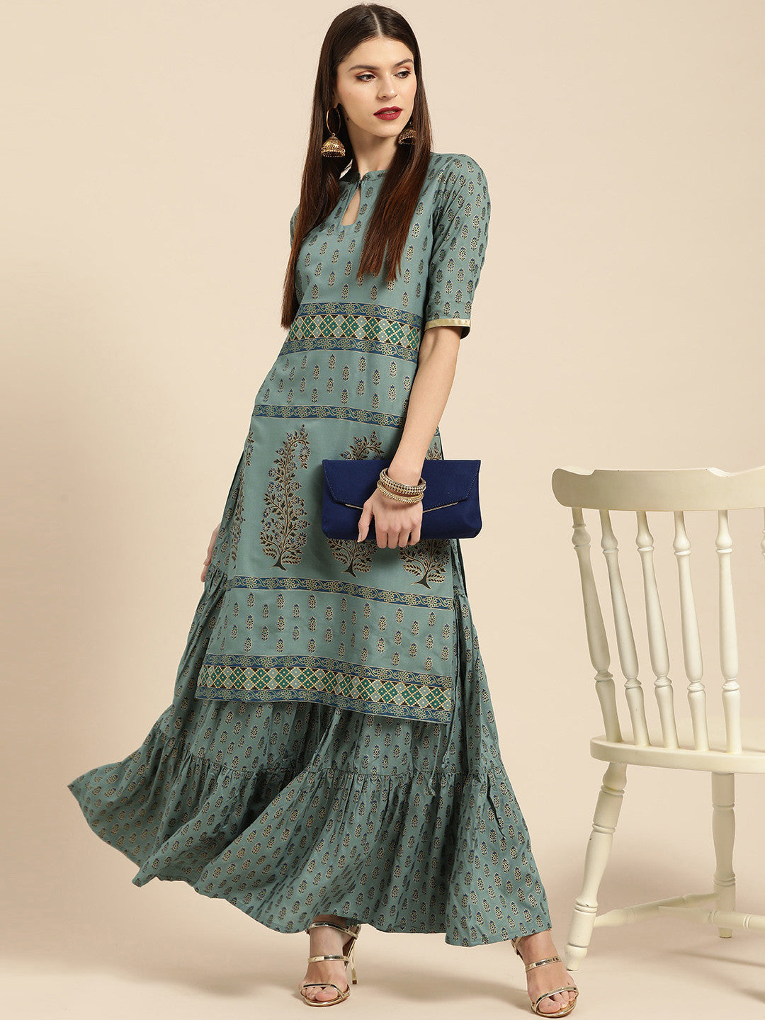 Women Blue & Golden Printed Kurta with Skirt