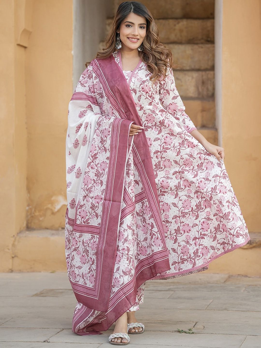 Dhiyona KL Floral Printed Regular Thread Work Pure Cotton Kurta with Trousers & Dupatta