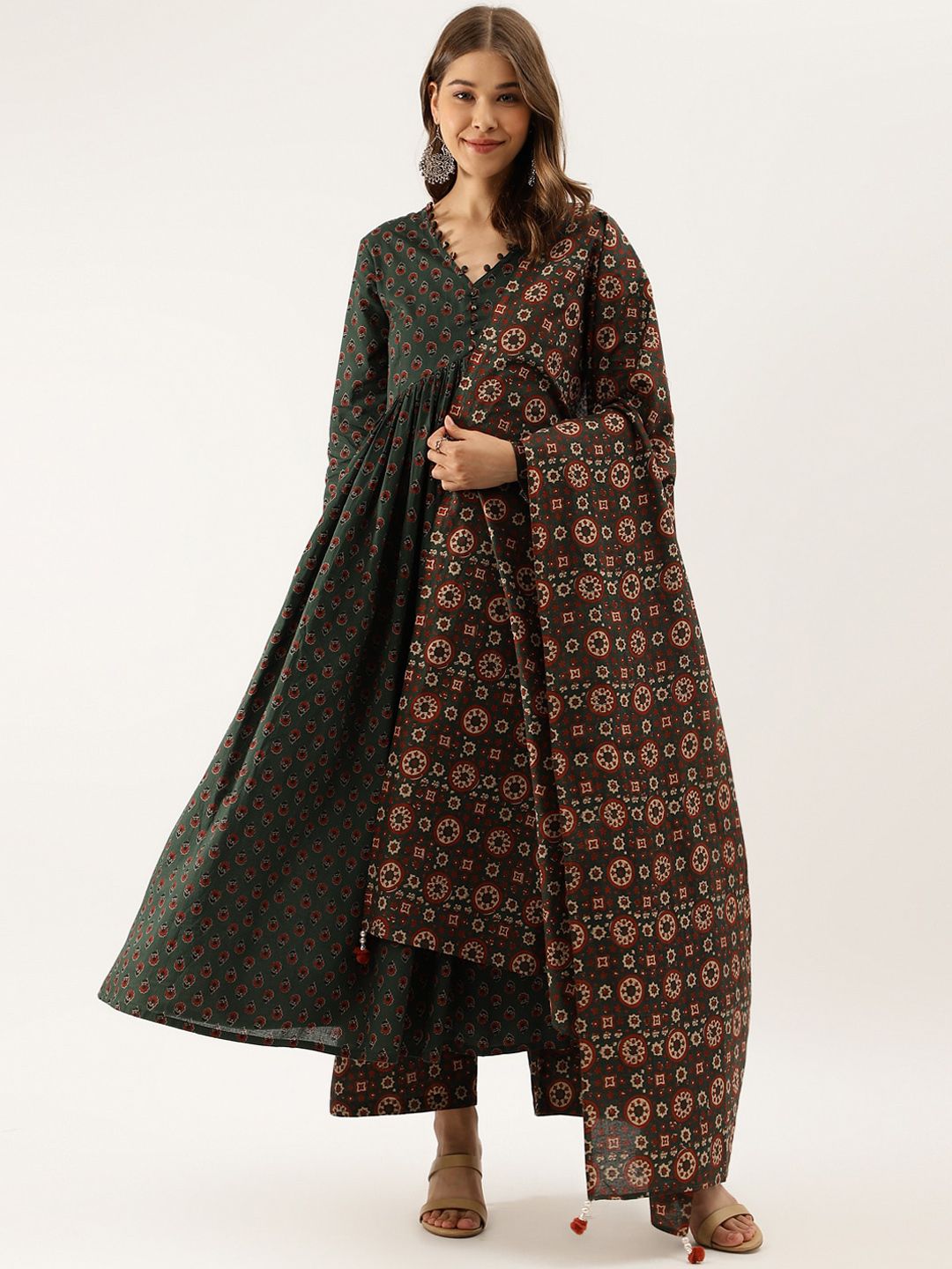 Dhiyona KL Floral Printed V-Neck Pure Cotton Empire Anarkali Kurta With Trousers & Dupatta