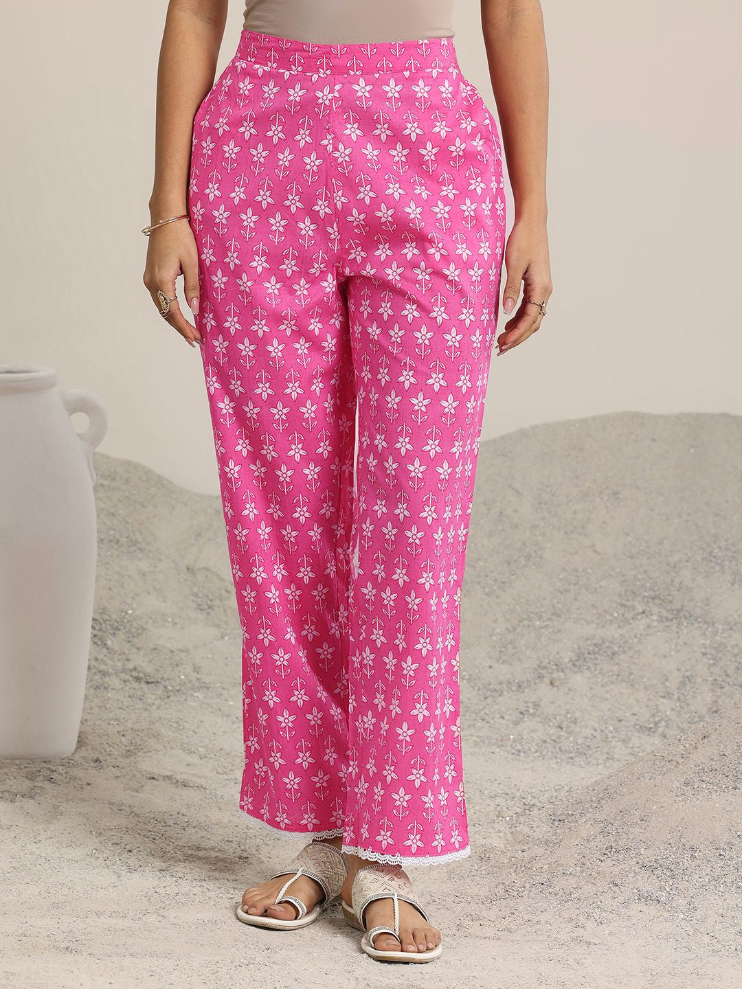 Floral Printed Pleated Lace Work Kurta with Palazzos