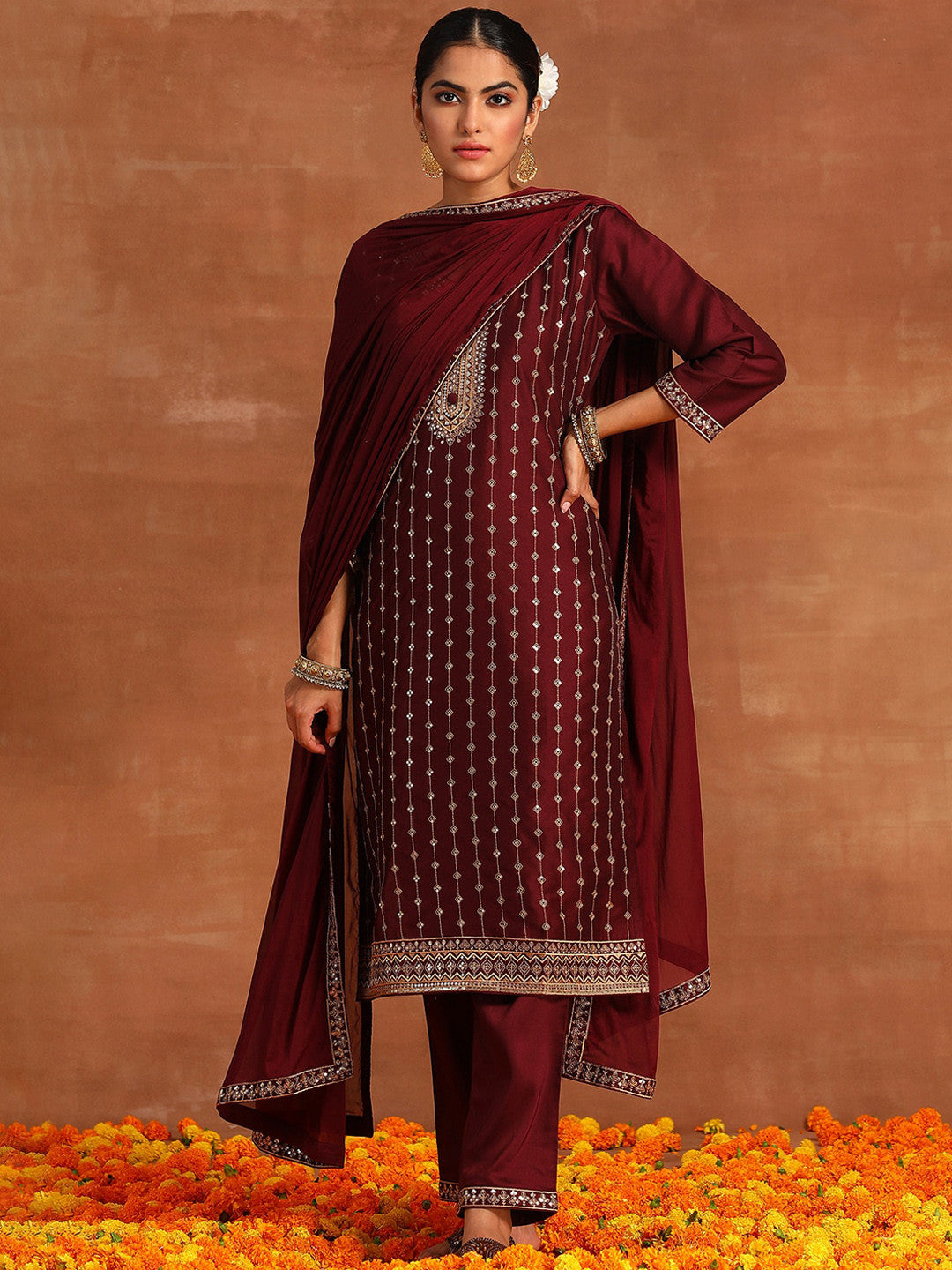 Embroidered Regular Thread Work Kurta With Trousers & Dupatta