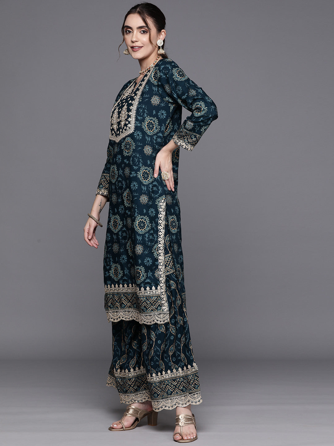 Floral Printed Regular Sequinned Kurta With Sharara & Dupatta