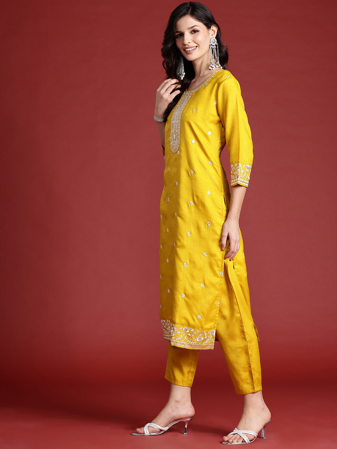 Floral Embroidered Sequinned Kurta With Trousers & Dupatta