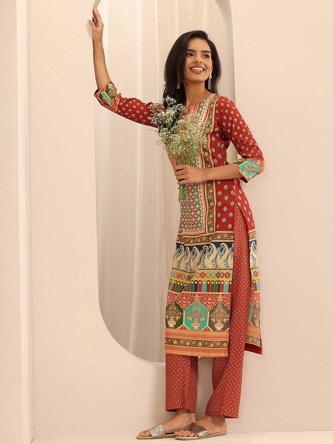 Ethnic Motifs Printed Notched Neck Straight Kurta With Palazzos