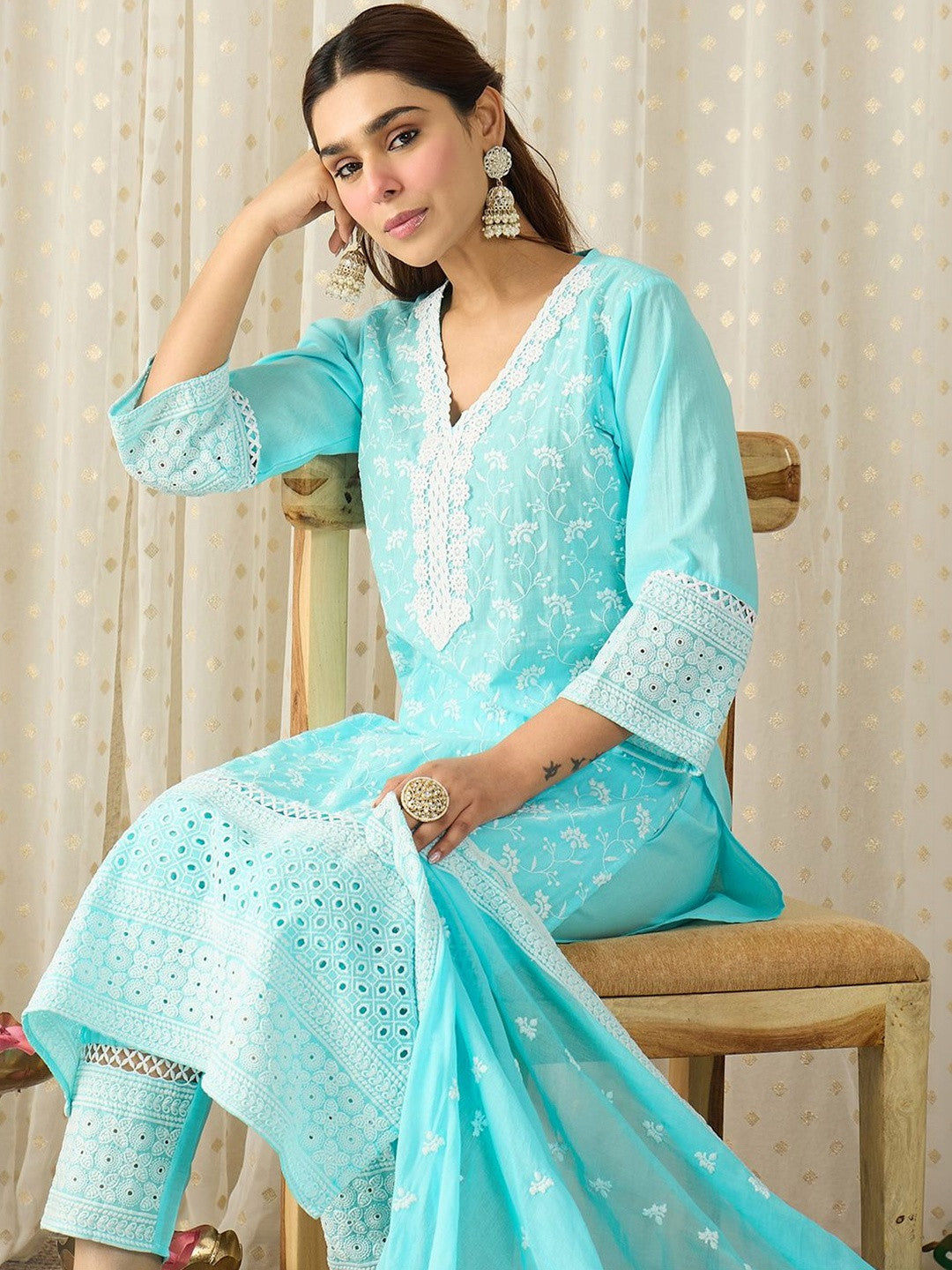 Women Ethnic Motifs Embroidered Regular Chikankari Pure Cotton Kurta with Trousers & With Dupatta