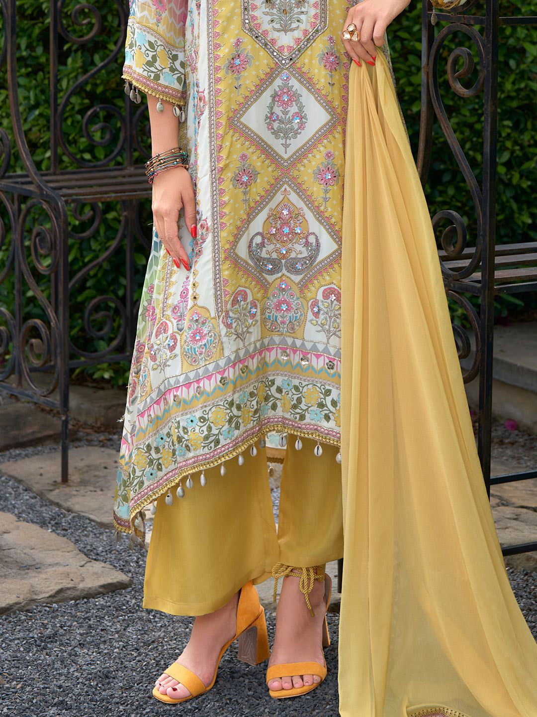 Floral Printed Mirror Work Round Neck Liva A-Line Kurta With Palazzos & Dupatta