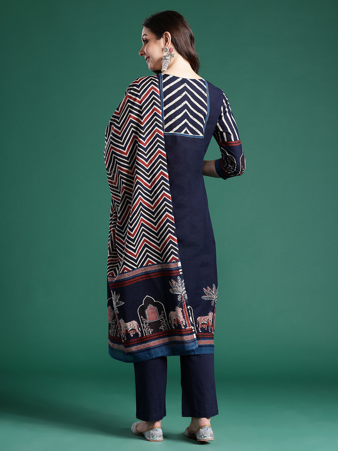 Printed Panelled Sequinned Pure Cotton Kurta With Trousers & Dupatta