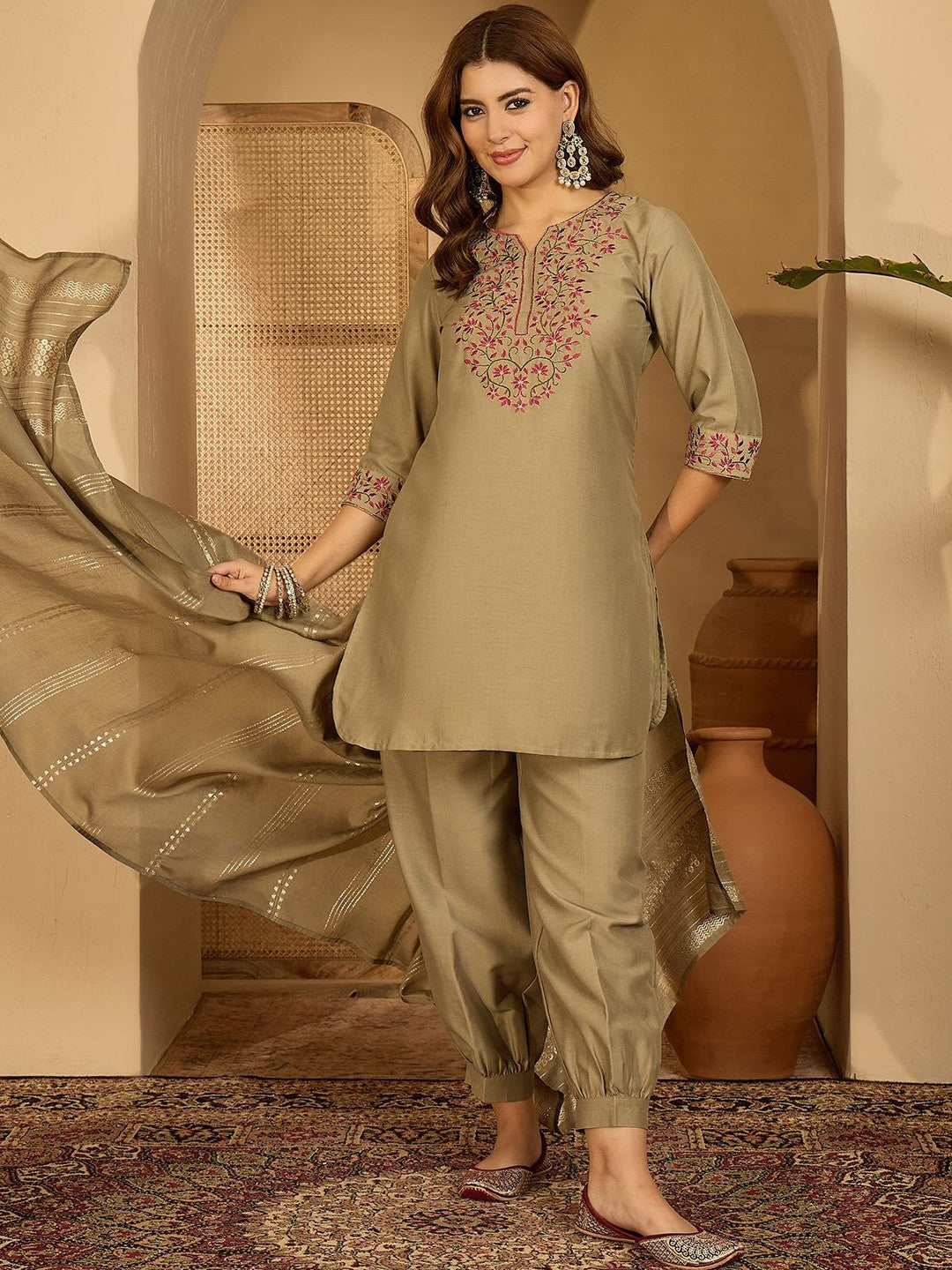 Women Olive Embroidered Kurta Sets With Dupatta
