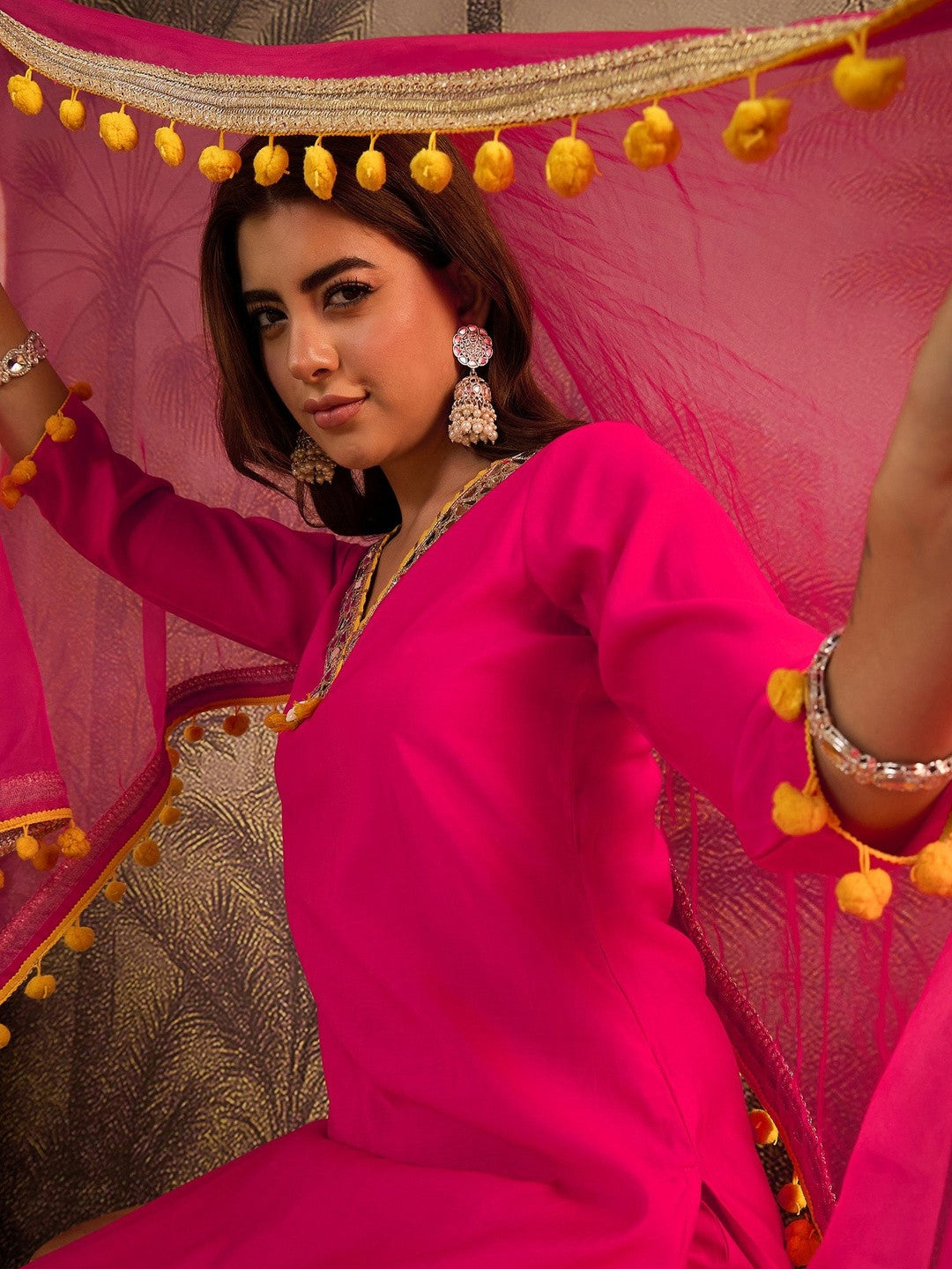 Embroidered V-Neck Kurta & Trousers Kurta Set