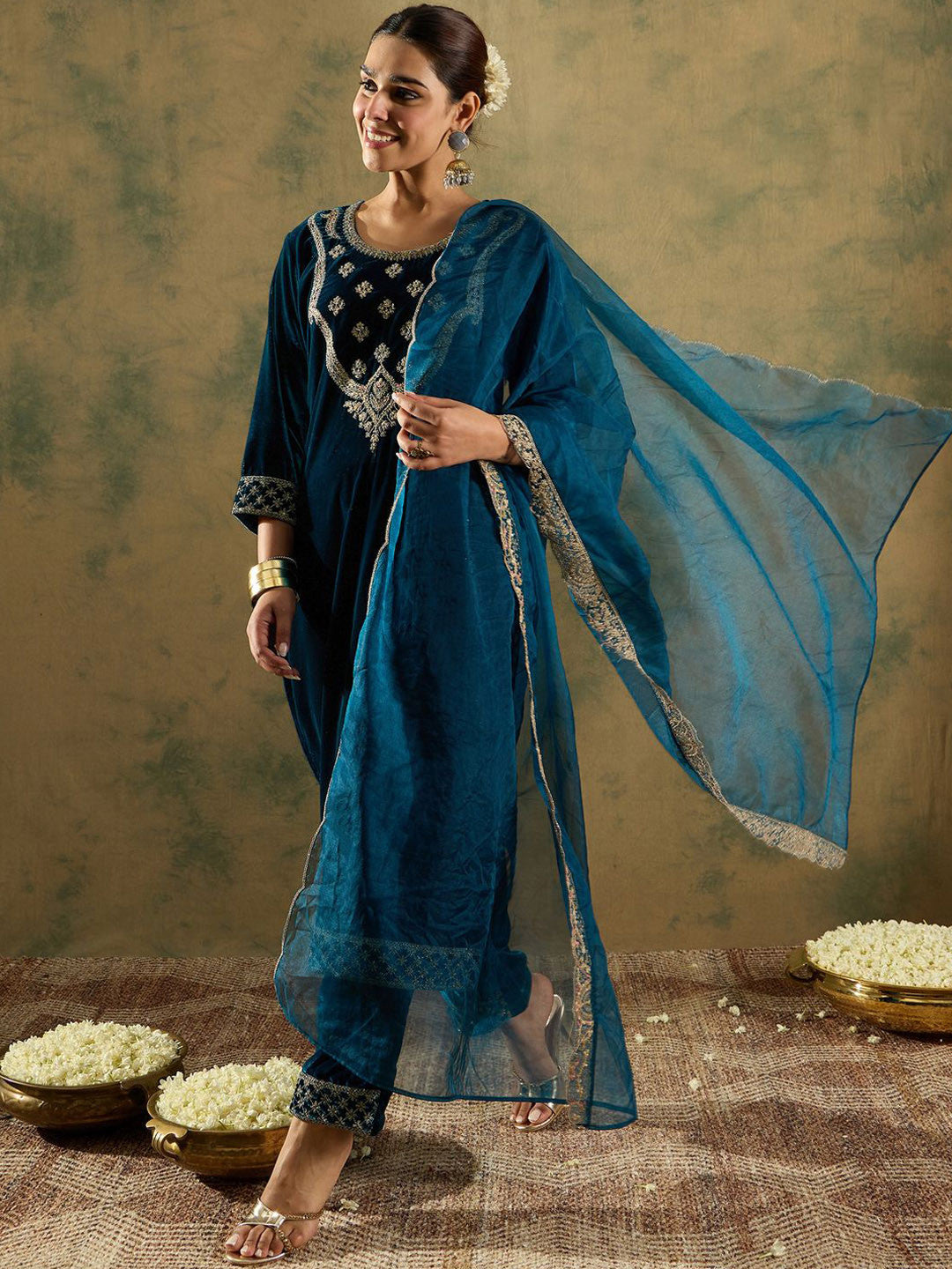 Floral Zari Embroidered Velvet Straight Kurta with Trouser & Dupatta