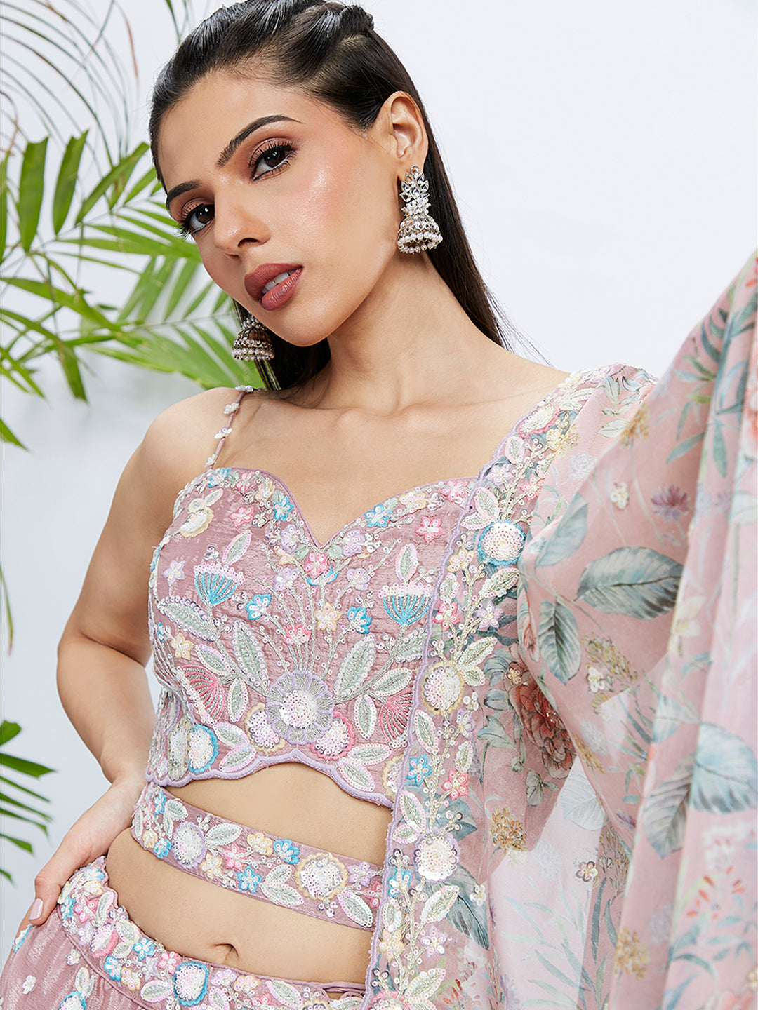Women Rose gold Chiffon Sequins and thread embroidery Lehenga choli & Dupatta