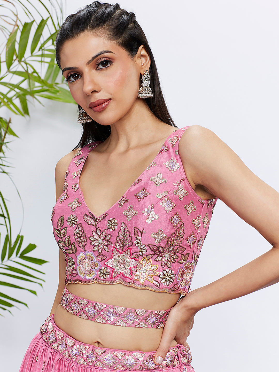 Women Pink Chiffon Sequins and thread embroidery Lehenga choli & Printed Dupatta